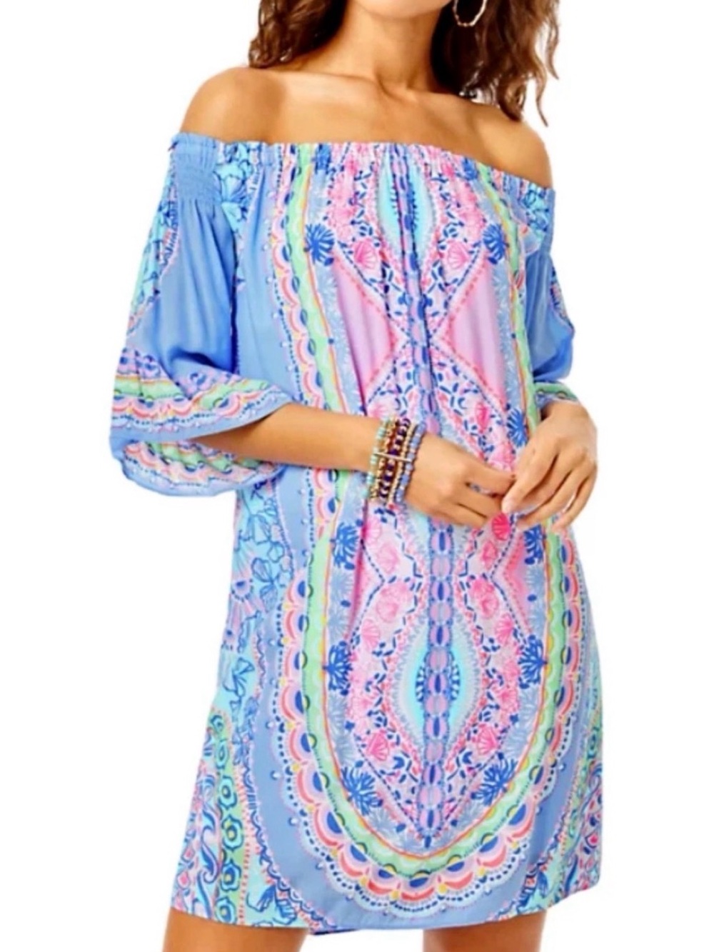 Lilly Pulitzer Fawna Light Blue & Pink Off-Shoulder Printed Dress M